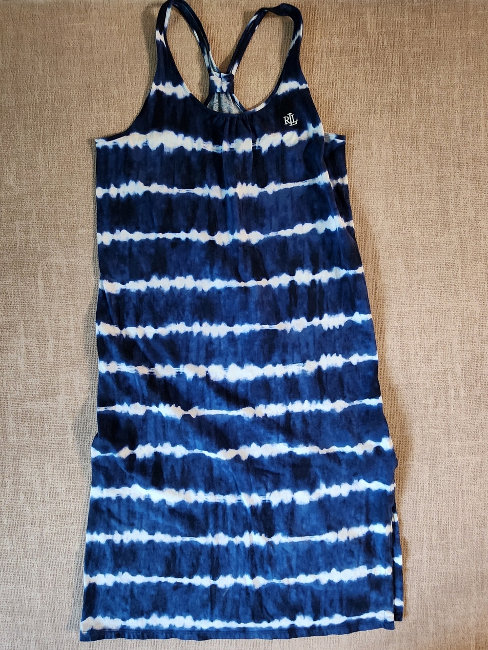 Ralph Lauren Navy and White Tie-Dye Midi Racerback Dress